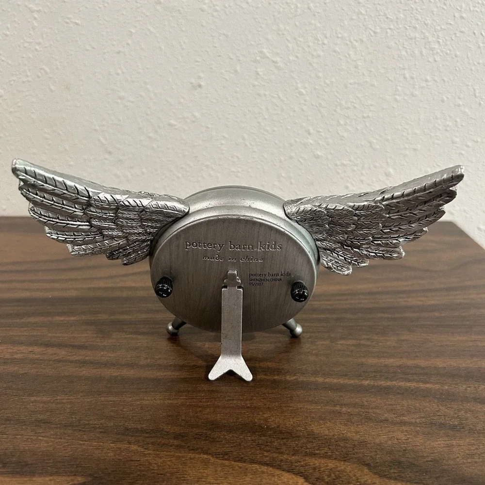 Pottery Barn Kids Clock Time Flies Wings Analog Silver Tone Junk Gypsy